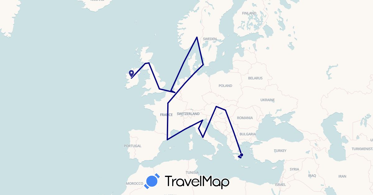 TravelMap itinerary: driving in Austria, Belgium, Denmark, Spain, France, United Kingdom, Greece, Hungary, Ireland, Italy, Norway (Europe)